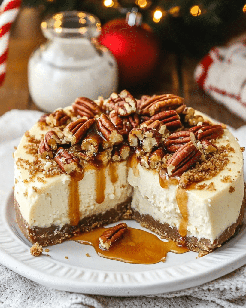 Pouring the cheesecake batter into the crust for Browned Butter Pecan Cheesecake.
