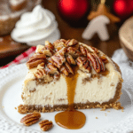 Browned Butter Pecan Cheesecake on a cake stand, ready to be served.