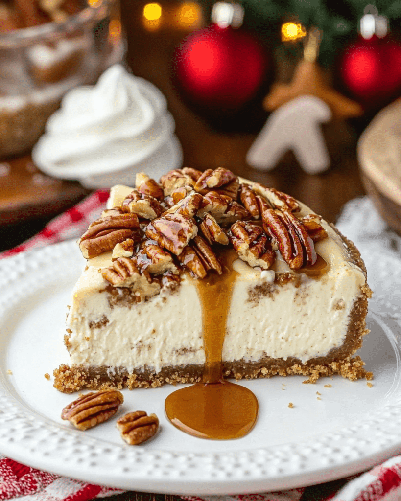 Browned Butter Pecan Cheesecake on a cake stand, ready to be served.