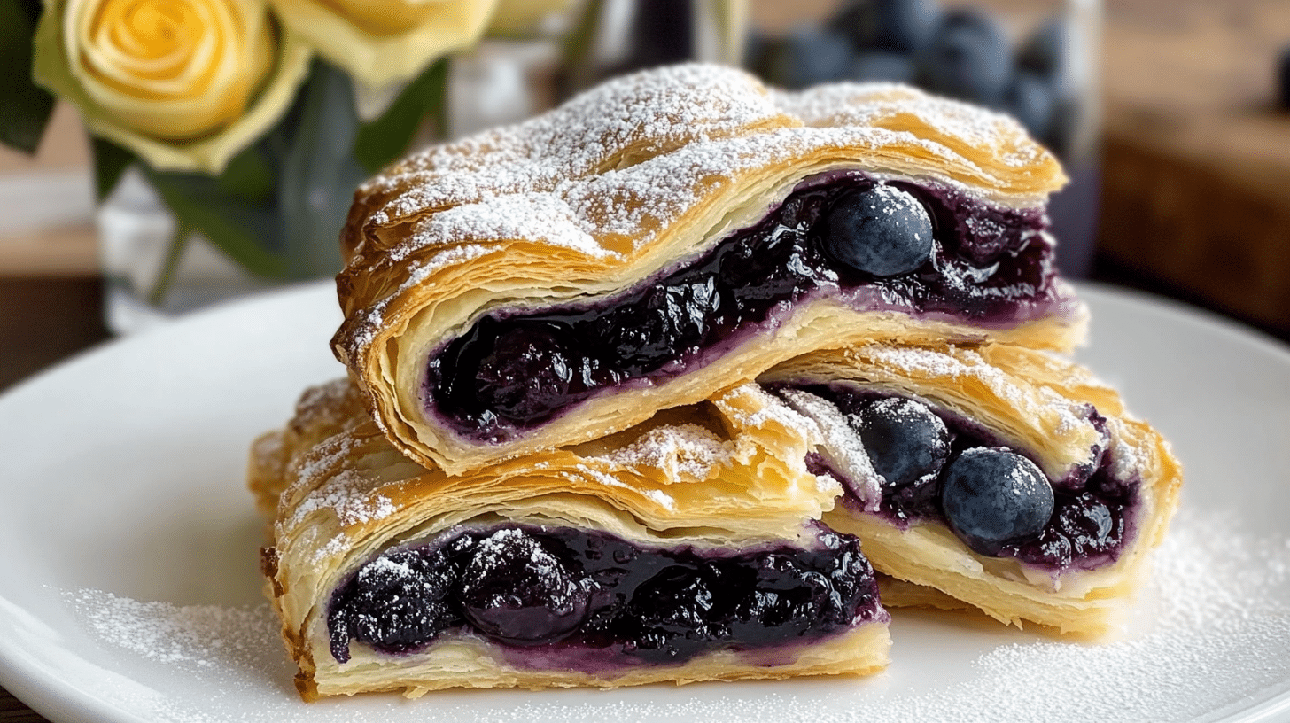 Golden-brown and flaky Blueberry Cream Cheese Puff Pastries dusted with powdered sugar.