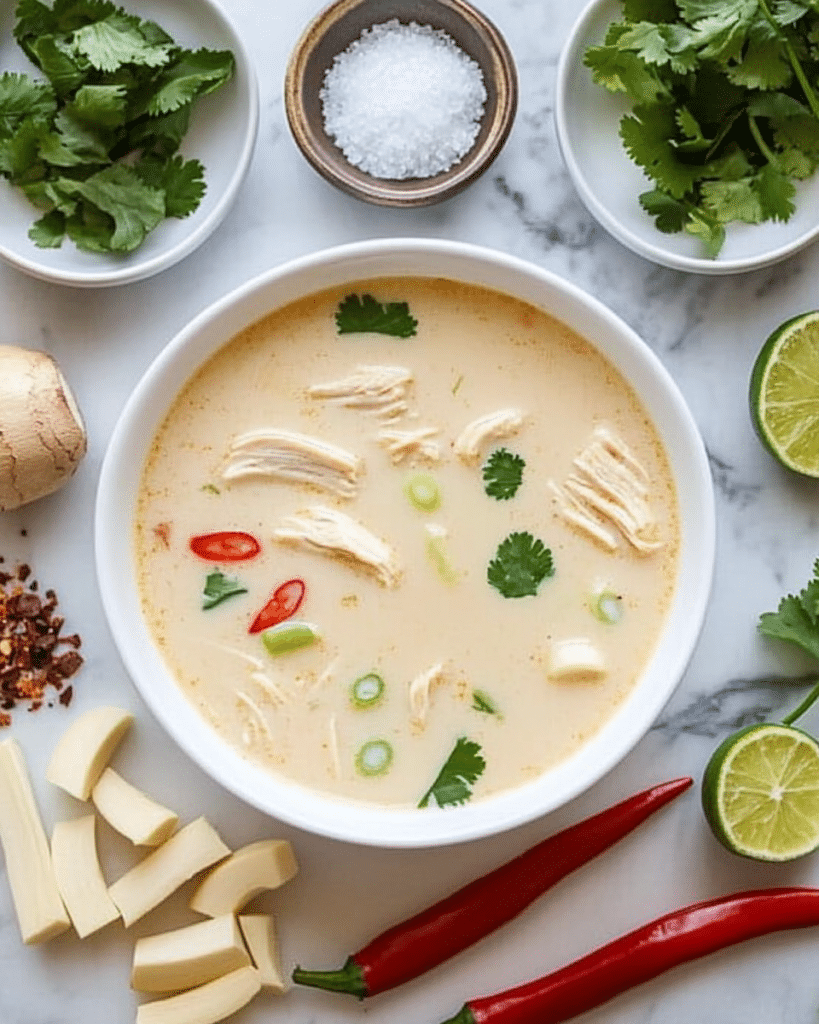 Ingredients for Slow Cooker Tom Kha Soup, including coconut milk, chicken, lemongrass, galangal, and lime leaves.