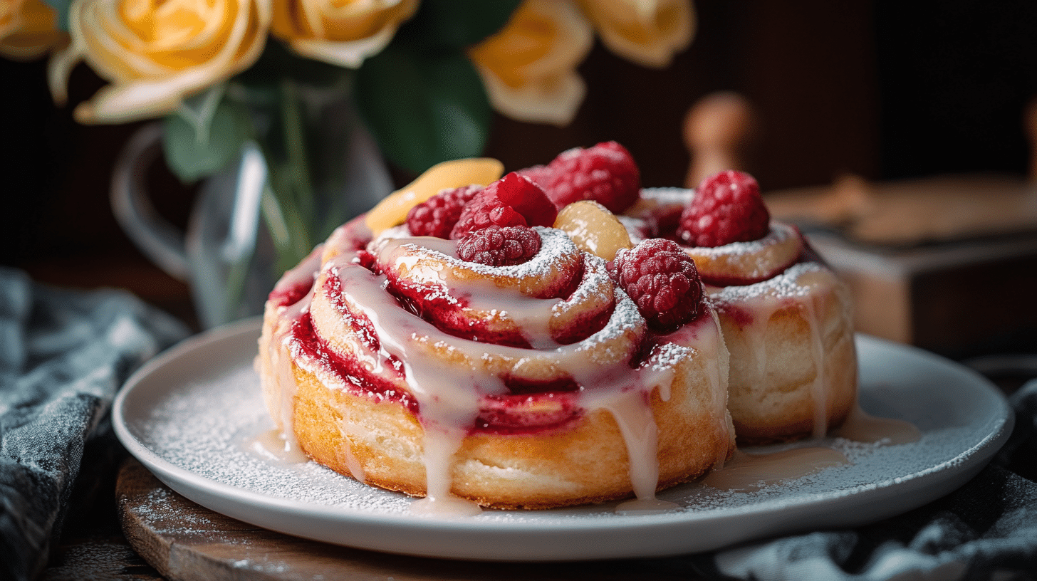 Golden-brown Raspberry Cinnamon Rolls with a glistening lemon glaze.