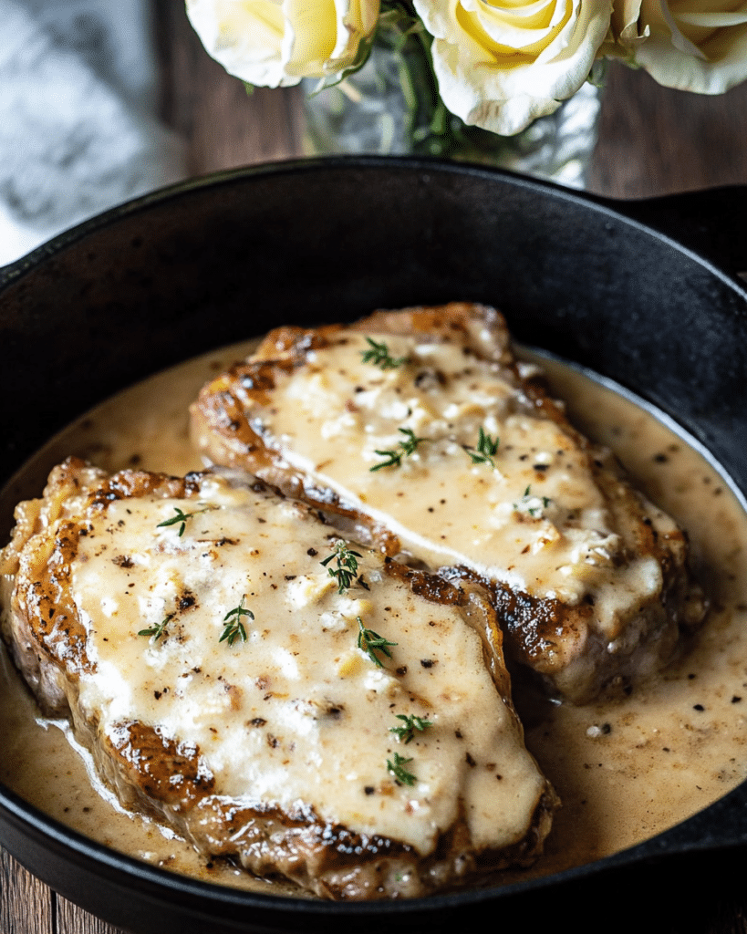 Smothered Pork Chops served over mashed potatoes.