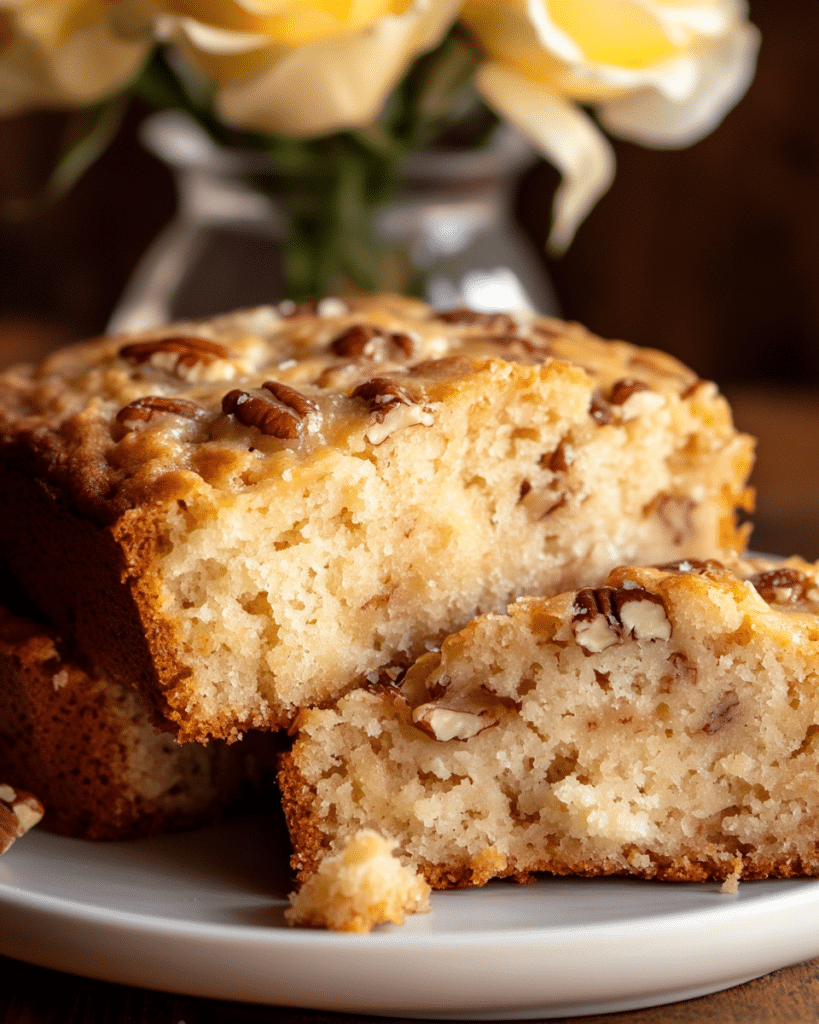 A slice of Sweet Alabama Pecan Bread on a plate, ready to be enjoyed.