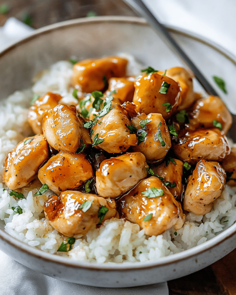 Chicken breast cubes cooking in a skillet for Honey Garlic Chicken Bites.