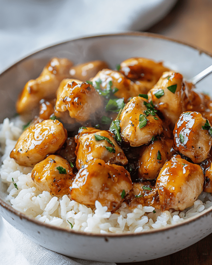 Honey Garlic Chicken Bites garnished with parsley and red pepper flakes.