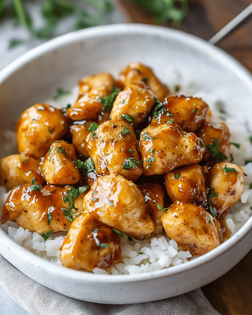 Ingredients for Honey Garlic Chicken Bites, including chicken, honey, and garlic.
