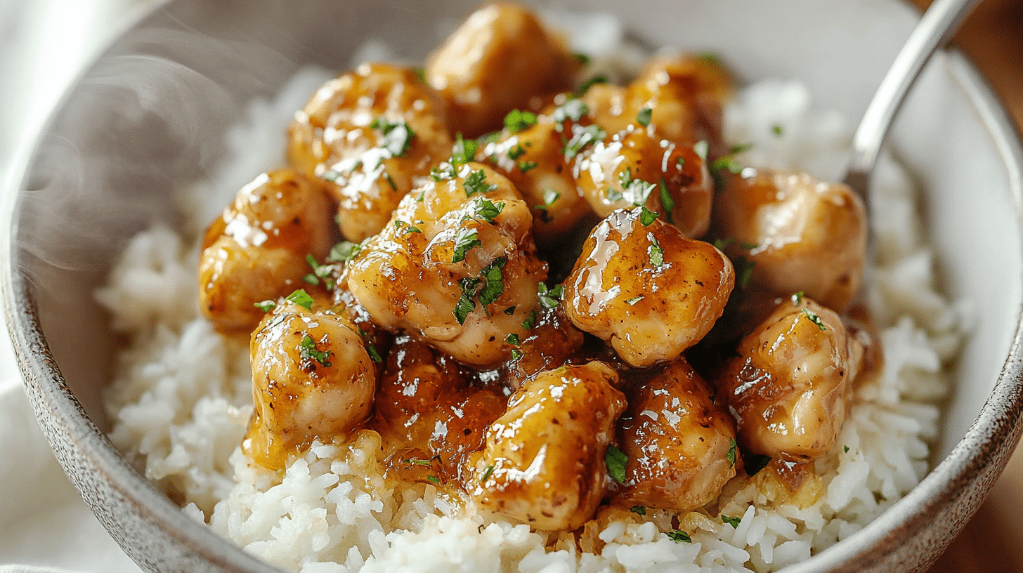 Sticky and delicious Honey Garlic Chicken Bites served over rice.