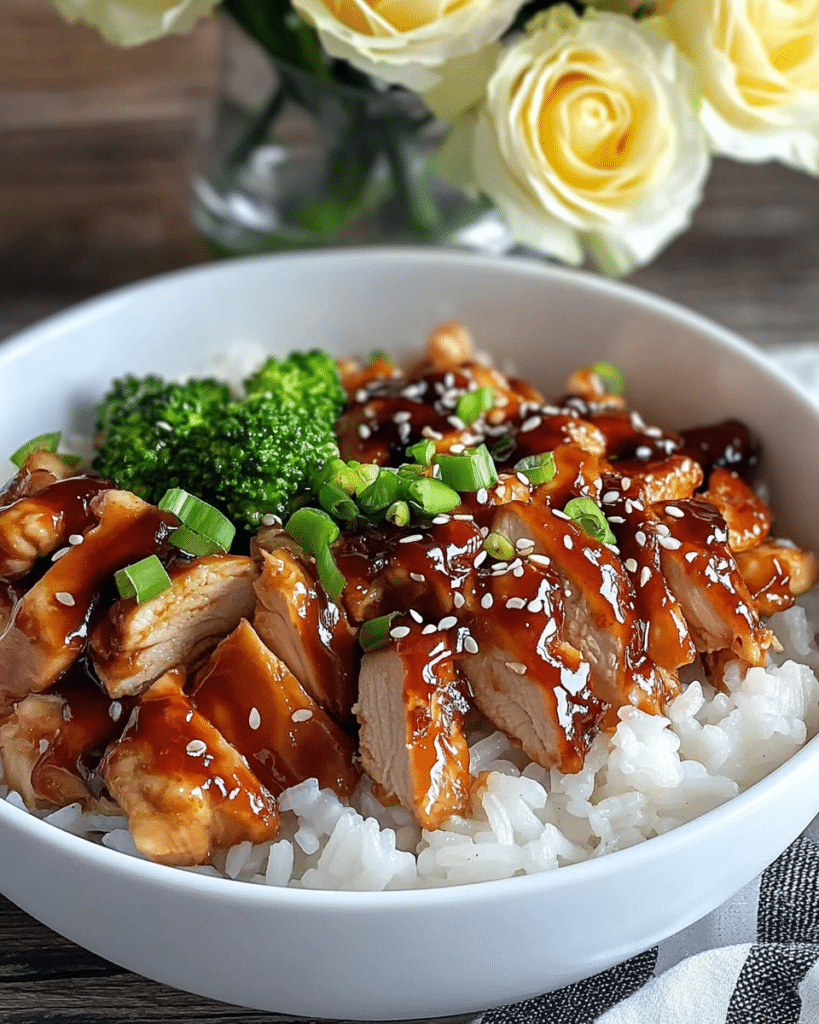  A close-up of Teriyaki Chicken Rice Bowl, showing the tender chicken and glossy sauce.