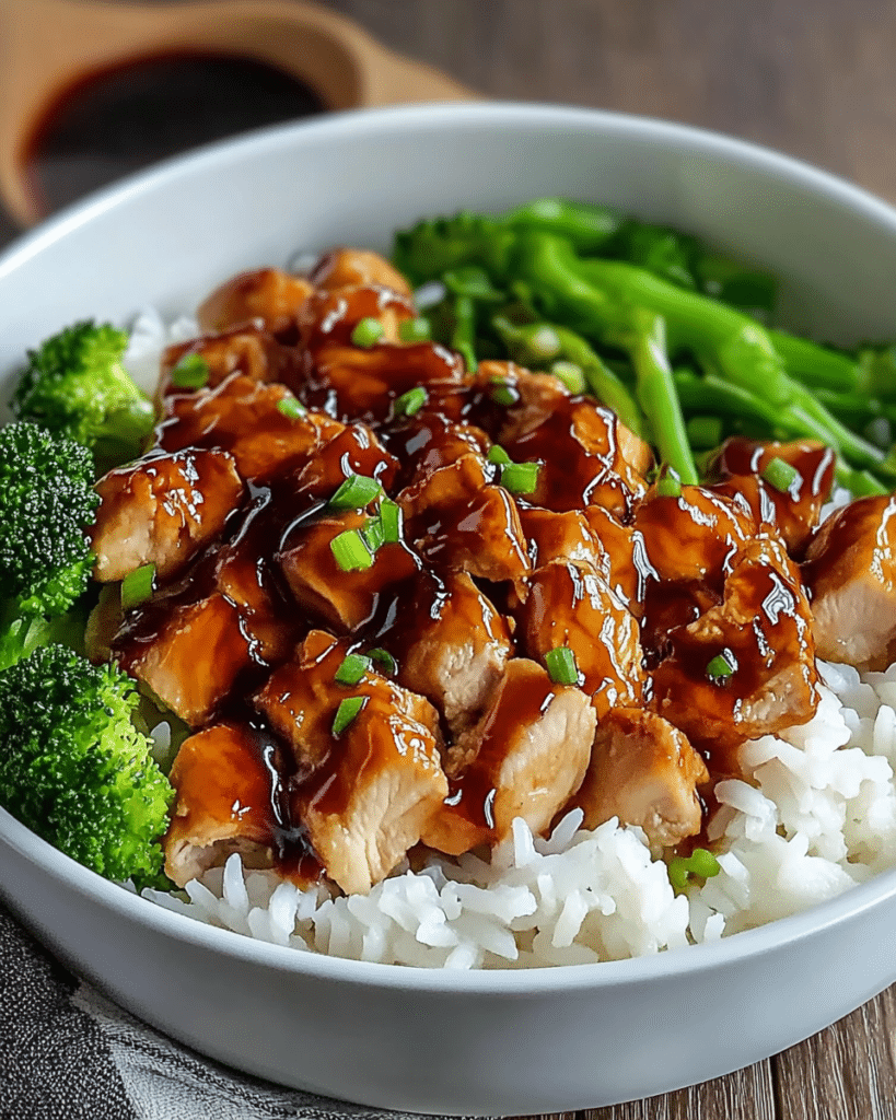 Cooking the chicken in a skillet for Teriyaki Chicken Rice Bowl.