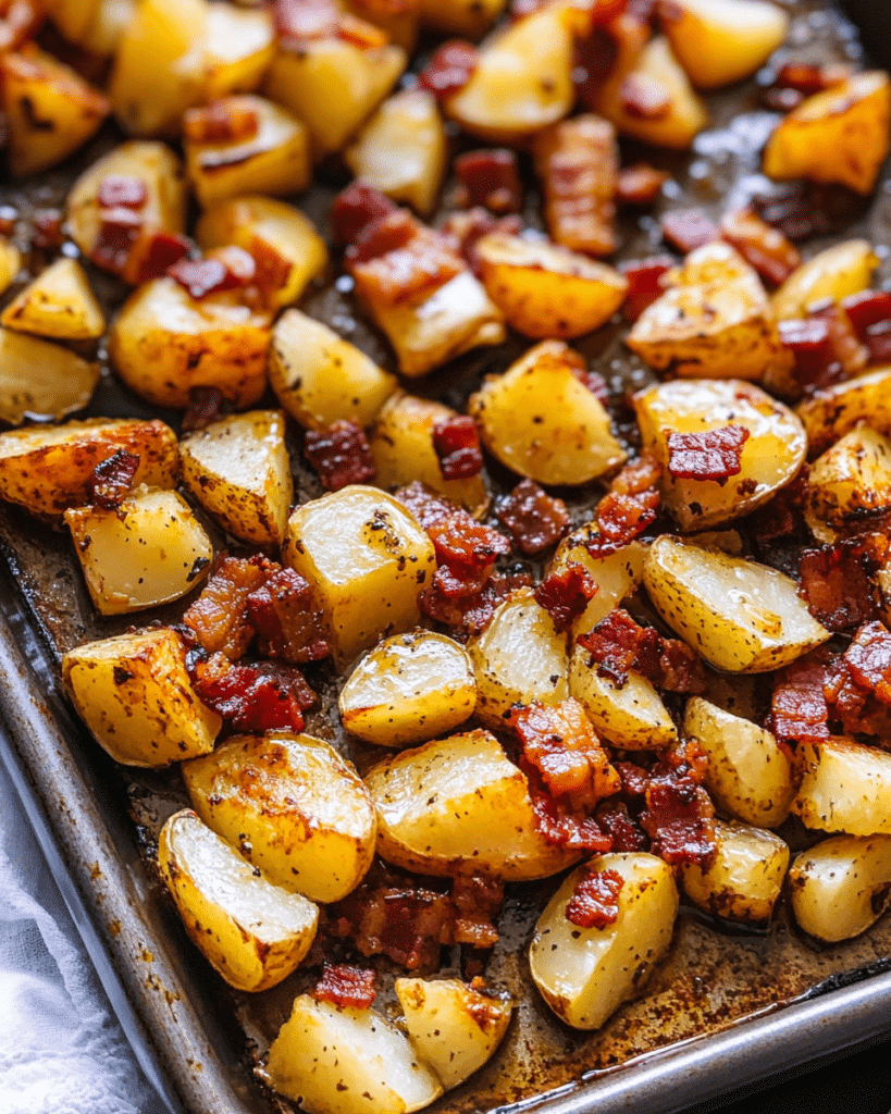 Tossing the potatoes with the honey-bacon mixture for Honey Bacon Roasted Potatoes.