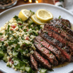 Grilling the skirt steak for Grilled Skirt Steak with Lemon Herb Couscous Salad.