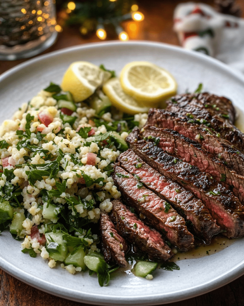 Grilling the skirt steak for Grilled Skirt Steak with Lemon Herb Couscous Salad.