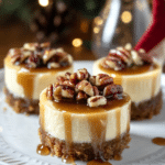 A close-up of a Mini Pecan Pie Cheesecake, showing the creamy filling and crunchy topping.