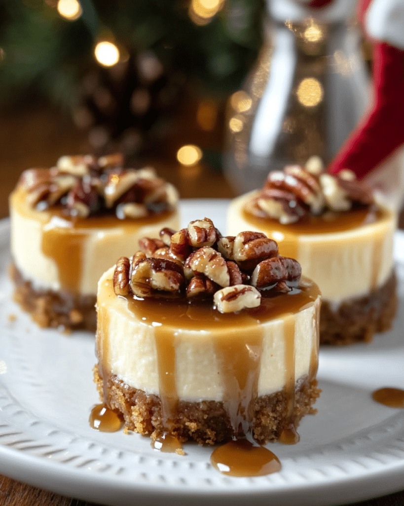 A close-up of a Mini Pecan Pie Cheesecake, showing the creamy filling and crunchy topping.