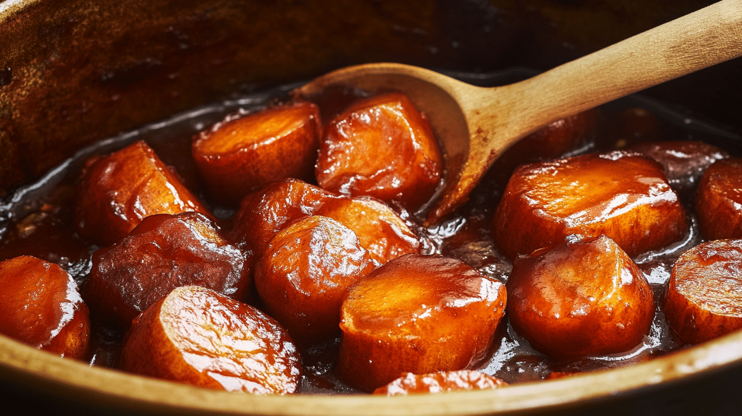 Golden-brown and delicious Simple Candied Yams in a casserole dish.