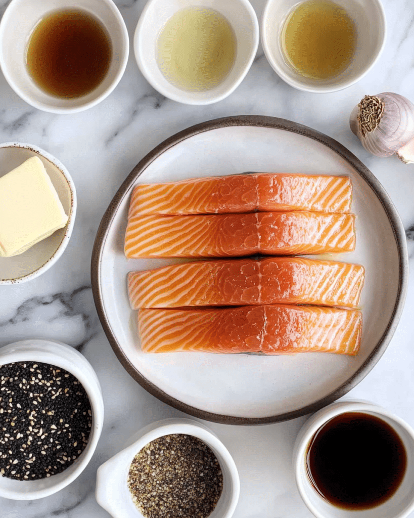 Ingredients for Honey Glazed Salmon, including salmon fillets, honey, and garlic.