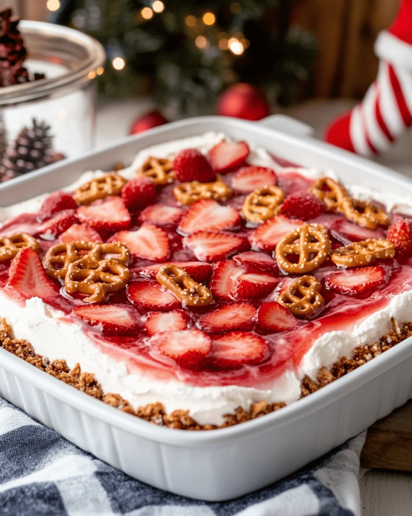 Pressing the pretzel crust into the pan for Strawberry Pretzel Salad.