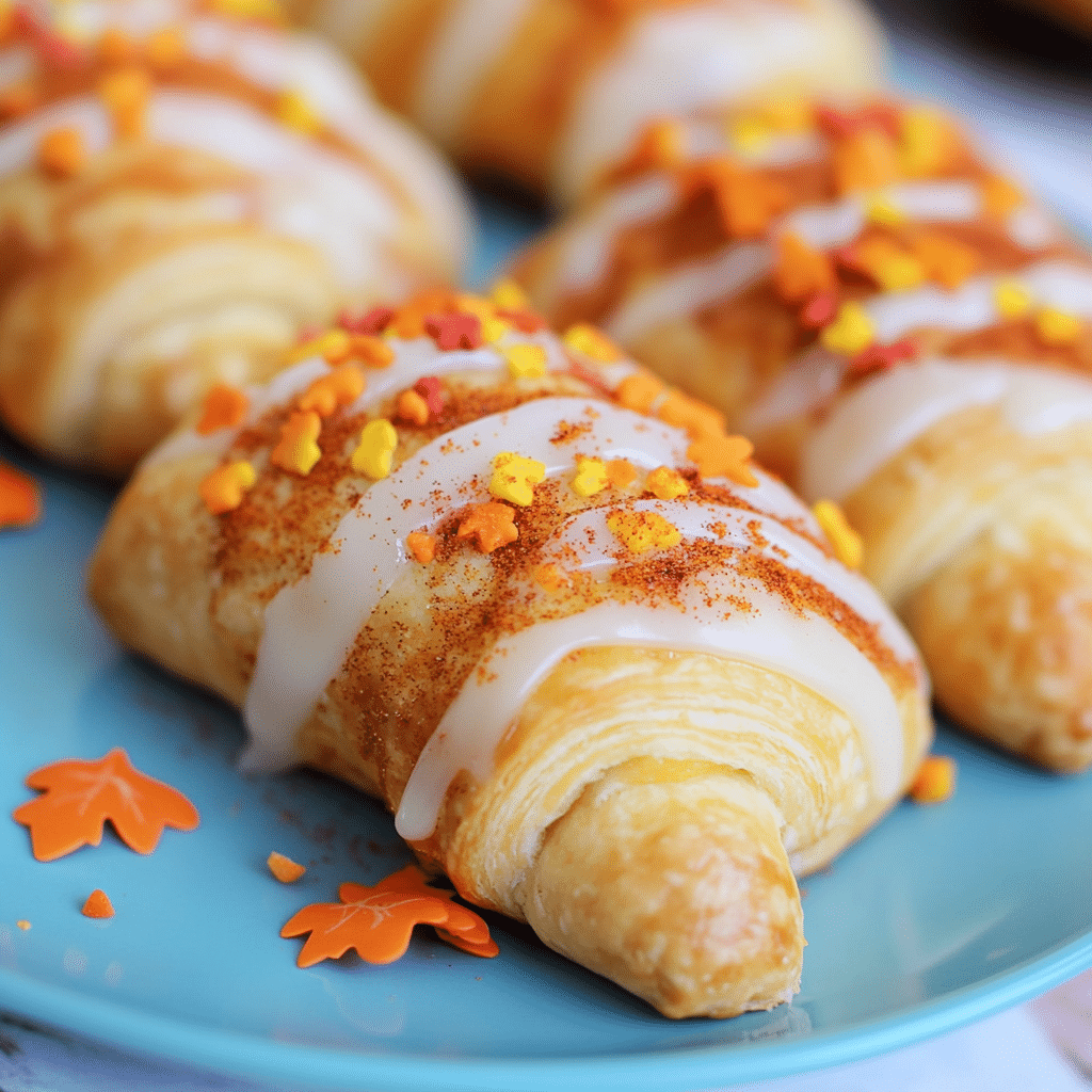 Filling and rolling the crescent roll dough for Cream Cheese Pumpkin Pie Crescent Rolls.
