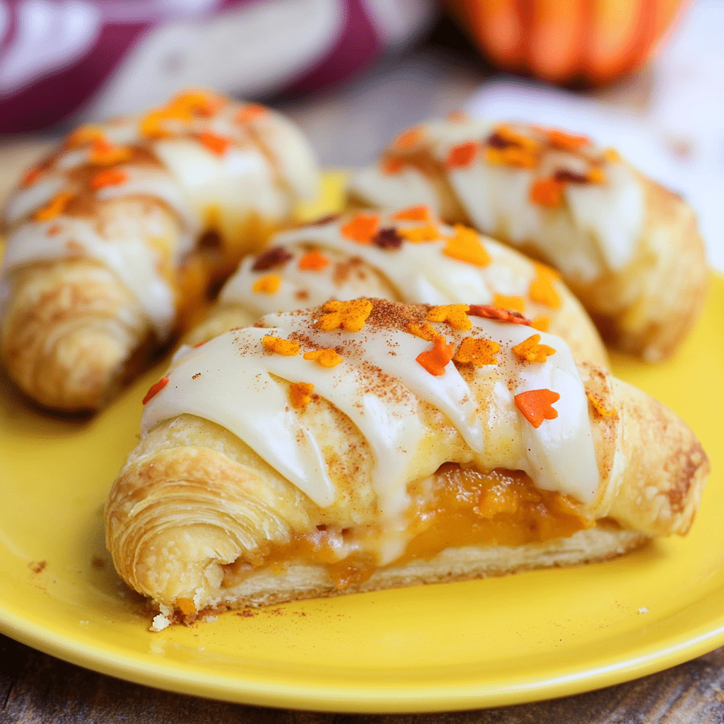 A close-up of a Cream Cheese Pumpkin Pie Crescent Roll, showing the creamy filling.