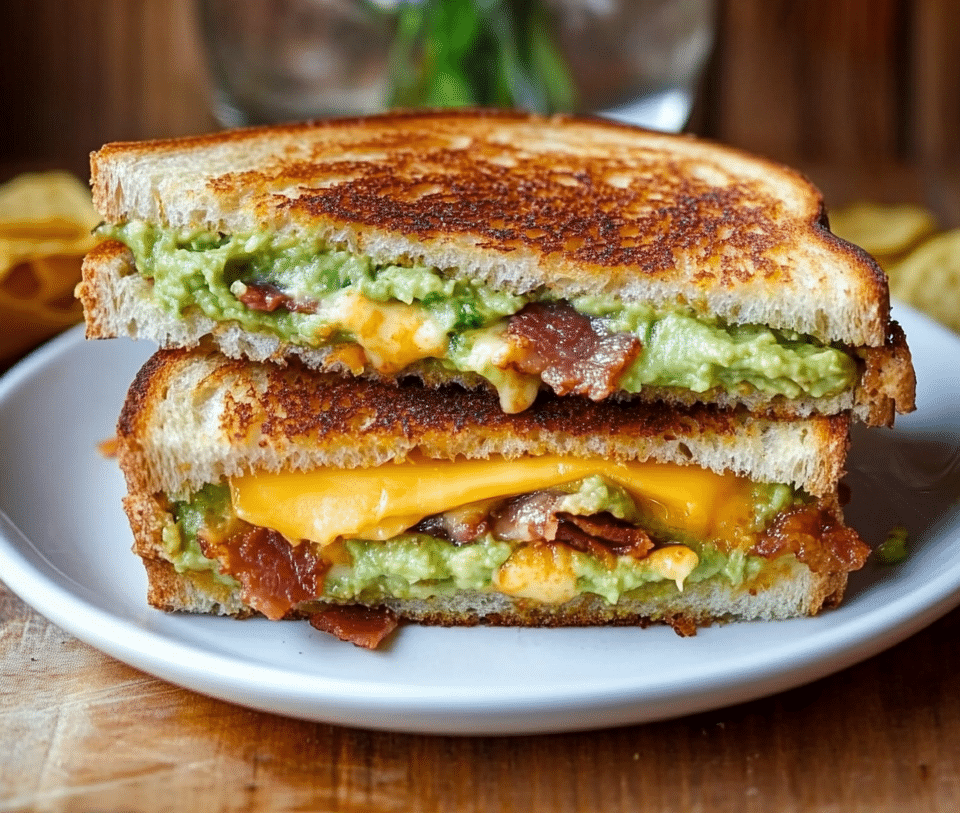 A Bacon Guacamole Grilled Cheese Sandwich served on a plate, ready to be enjoyed.
