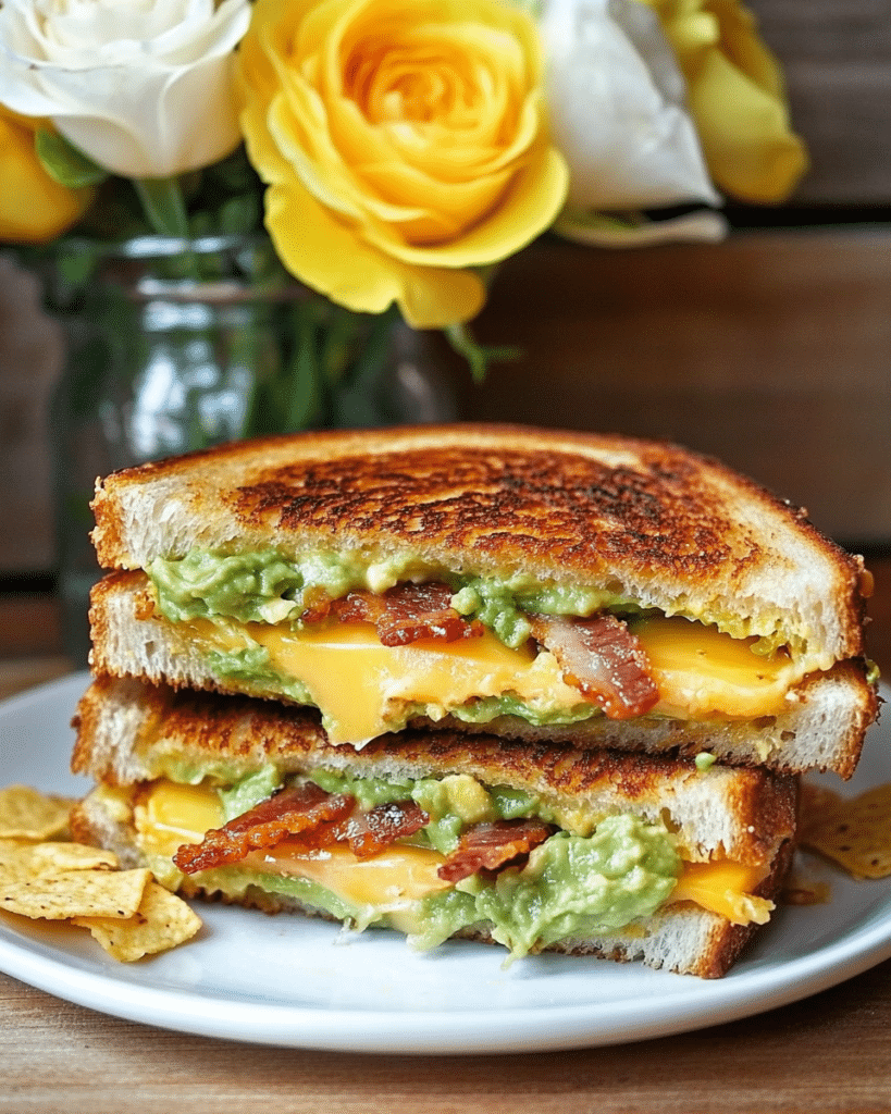 A Bacon Guacamole Grilled Cheese Sandwich served on a plate, ready to be enjoyed.