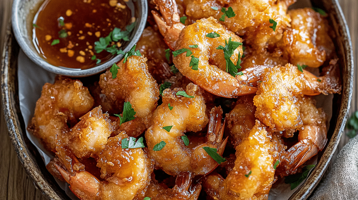 Crispy golden-brown Hot Honey Fried Shrimp drizzled with hot honey and garnished with parsley.