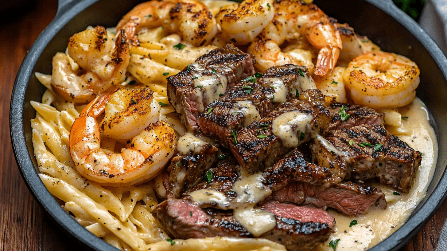 Creamy and flavorful Blackened Steak and Shrimp Alfredo in a skillet, garnished with parsley.