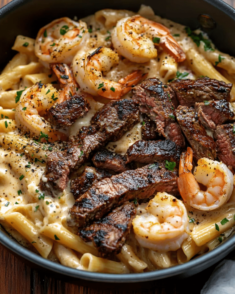 Cooking the steak and shrimp for Blackened Steak and Shrimp Alfredo.