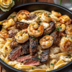 A bowl of Blackened Steak and Shrimp Alfredo ready to be enjoyed.