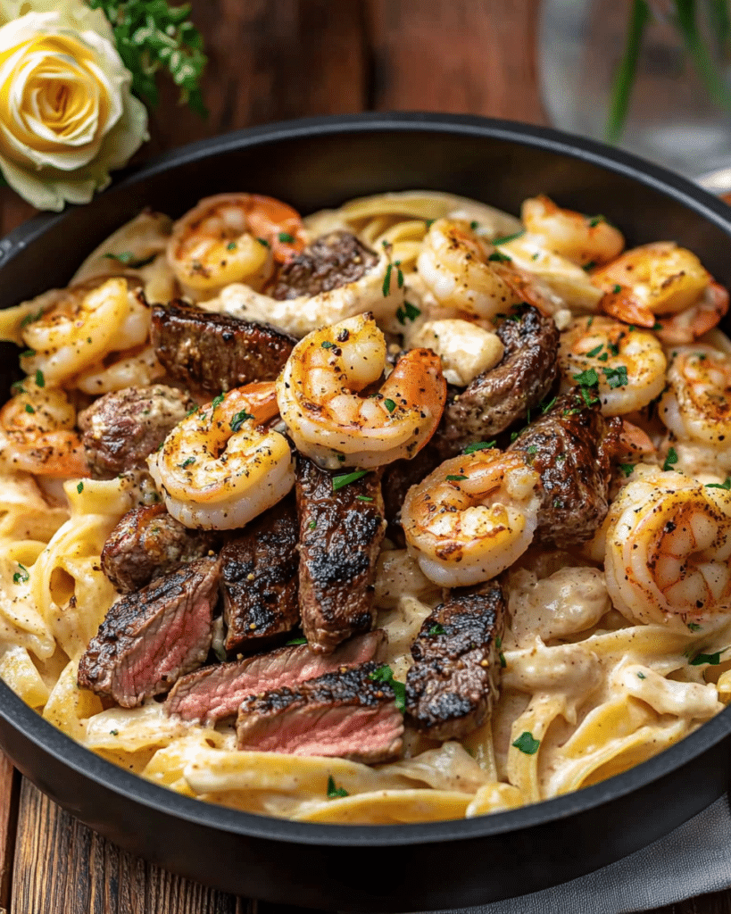 A bowl of Blackened Steak and Shrimp Alfredo ready to be enjoyed.