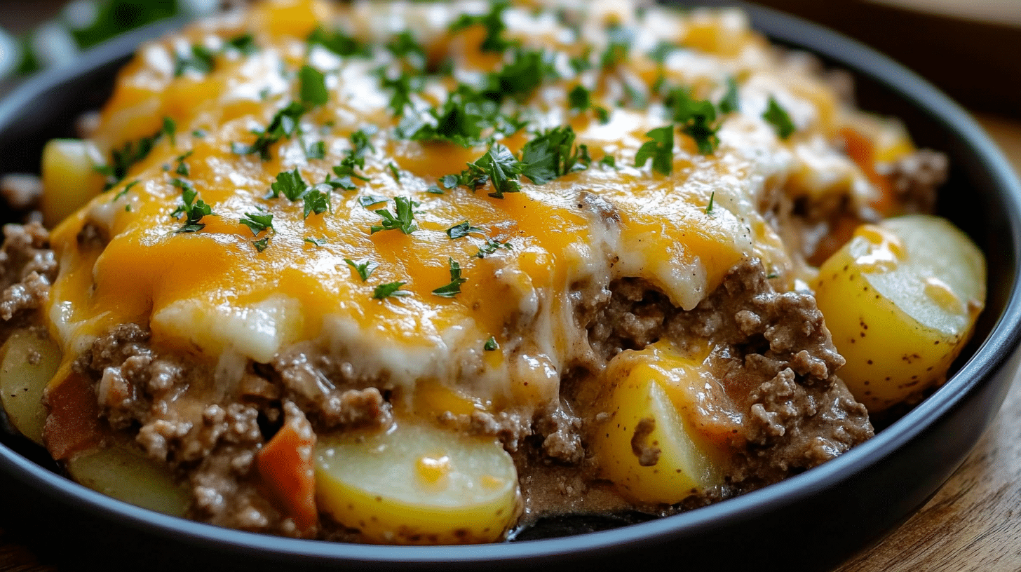 A cheesy and comforting Slow Cooker Cowboy Potato Casserole in a slow cooker.