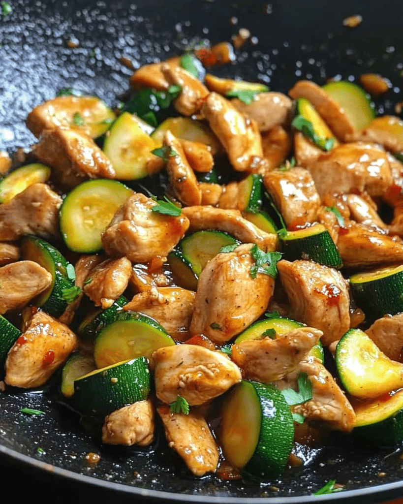 Stir-frying the chicken and zucchini in a wok for Chicken Zucchini Stir Fry.
