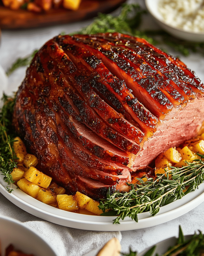 Brushing the brown sugar glaze onto the ham for Easy Brown Sugar Glazed Ham.