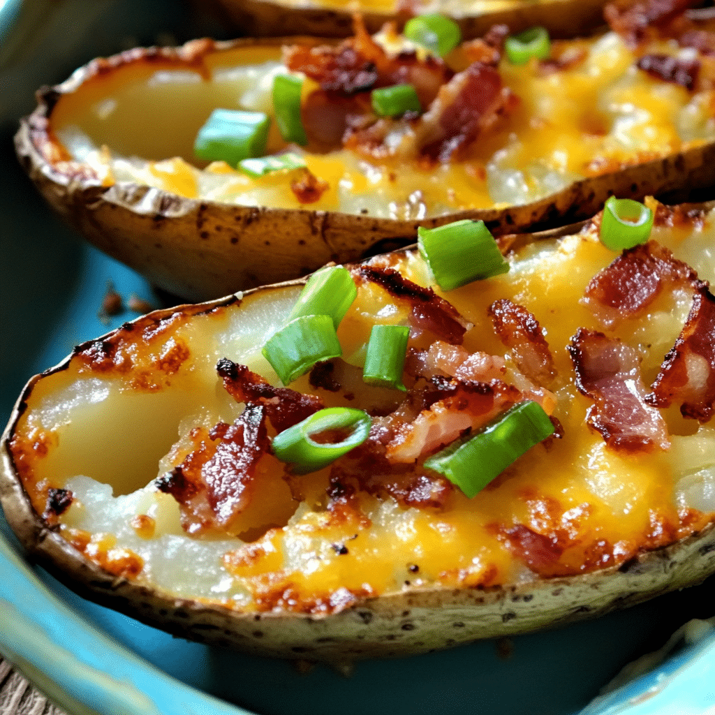 Ingredients for Baked Potato Skins, including potatoes, cheese, bacon, and seasonings.