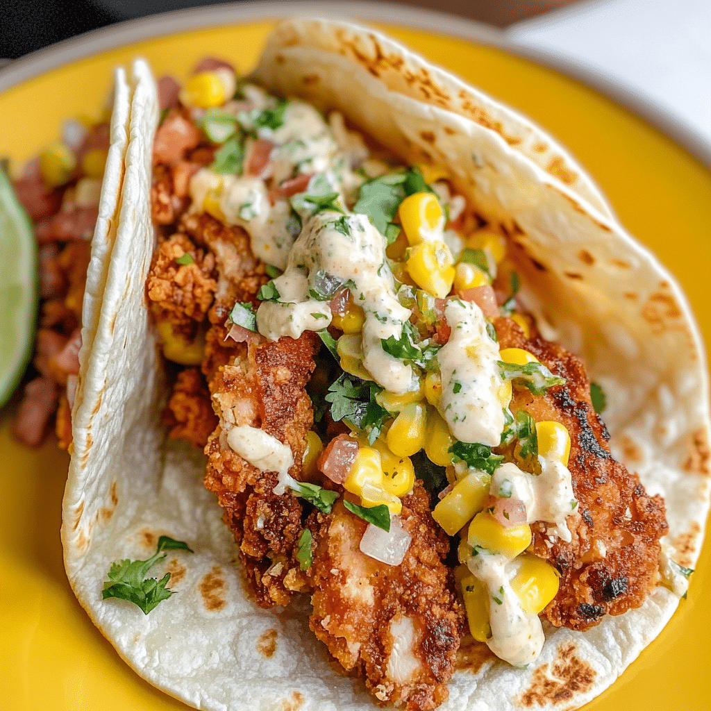 A platter of Fried Chicken Street Corn Tacos ready to be enjoyed.