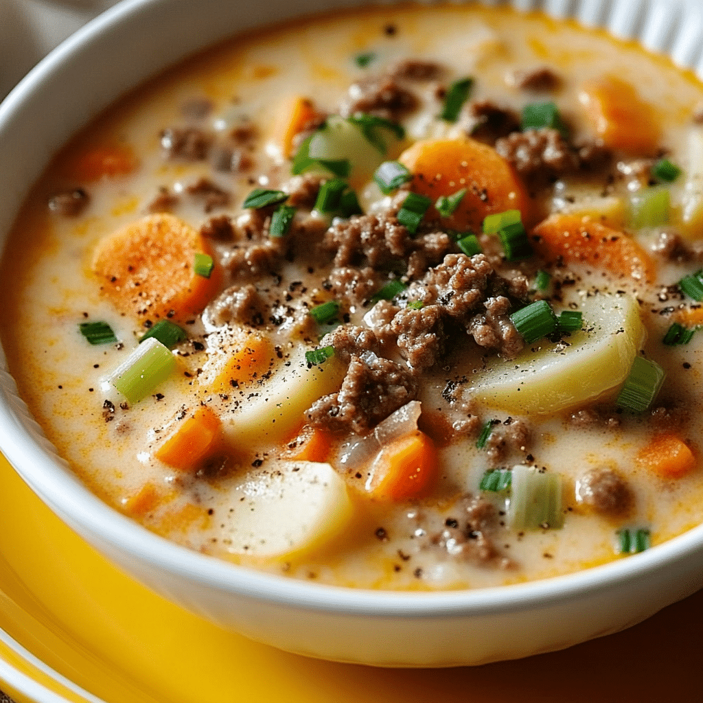 Cooking the ground beef and vegetables in a pot for Easy Cheeseburger Soup.