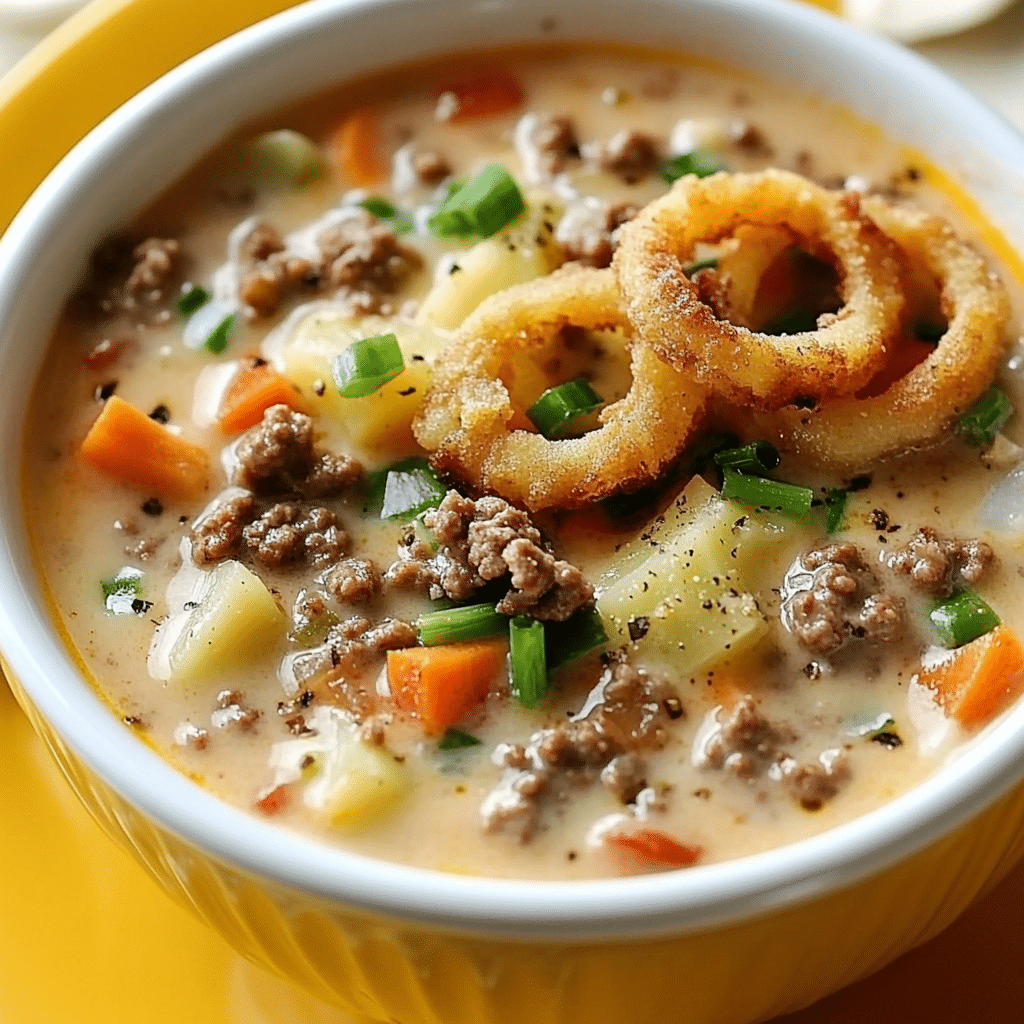 Ingredients for Easy Cheeseburger Soup, including ground beef, potatoes, cheese, and vegetables.