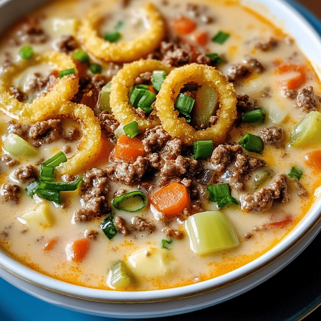 Easy Cheeseburger Soup served in bowls with various toppings.