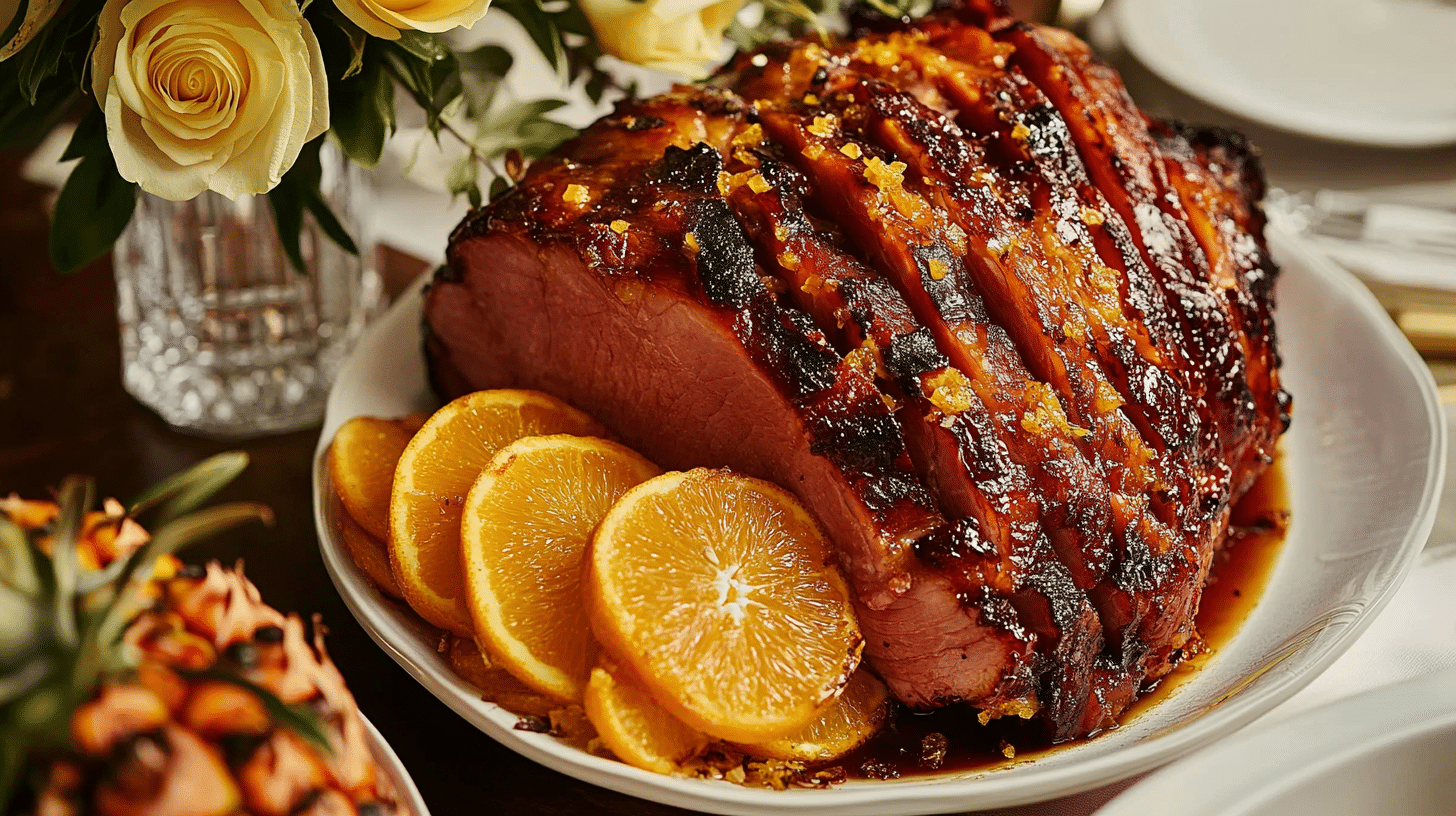 A beautiful Easy Brown Sugar Glazed Ham with a glistening, caramelized glaze.