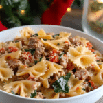 Ingredients for Italian Sausage Bow Tie Pasta, including pasta, sausage, tomatoes, and cream.