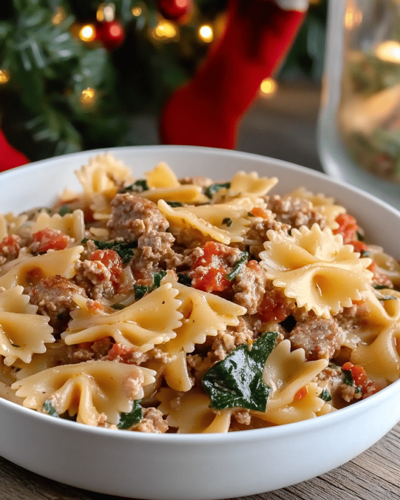 Ingredients for Italian Sausage Bow Tie Pasta, including pasta, sausage, tomatoes, and cream.