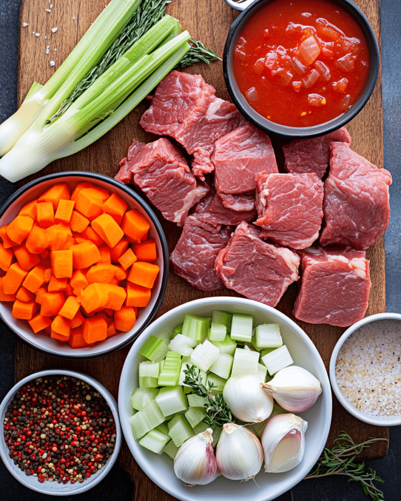 Ingredients for Italian Pot Roast, including beef chuck, vegetables, and herbs.