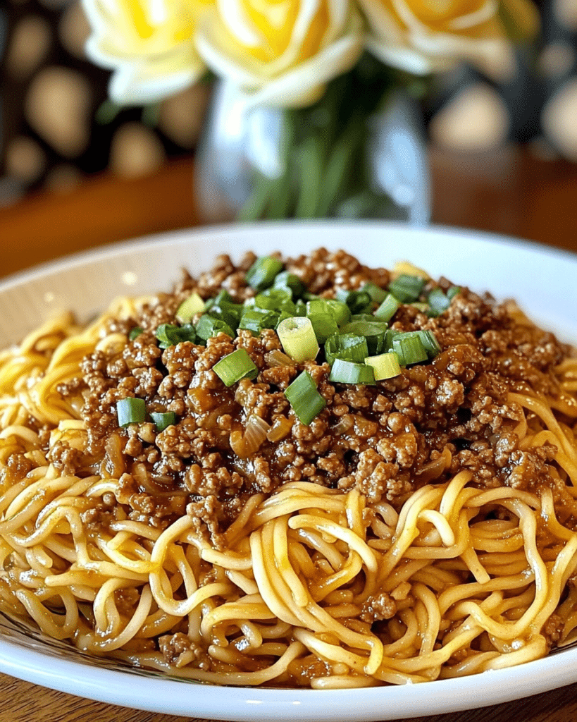Mongolian Ground Beef Noodles served in a bowl, ready to be enjoyed.