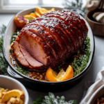 Sliced Brown Sugar Mustard Glazed Ham served on a platter.
