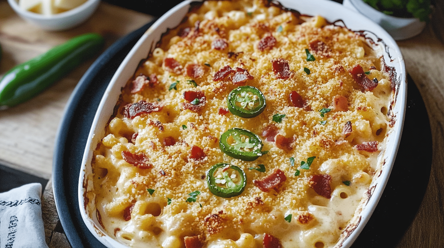 Bubbly and golden-brown Jalapeño Popper Mac and Cheese in a baking dish, topped with crispy panko and bacon.