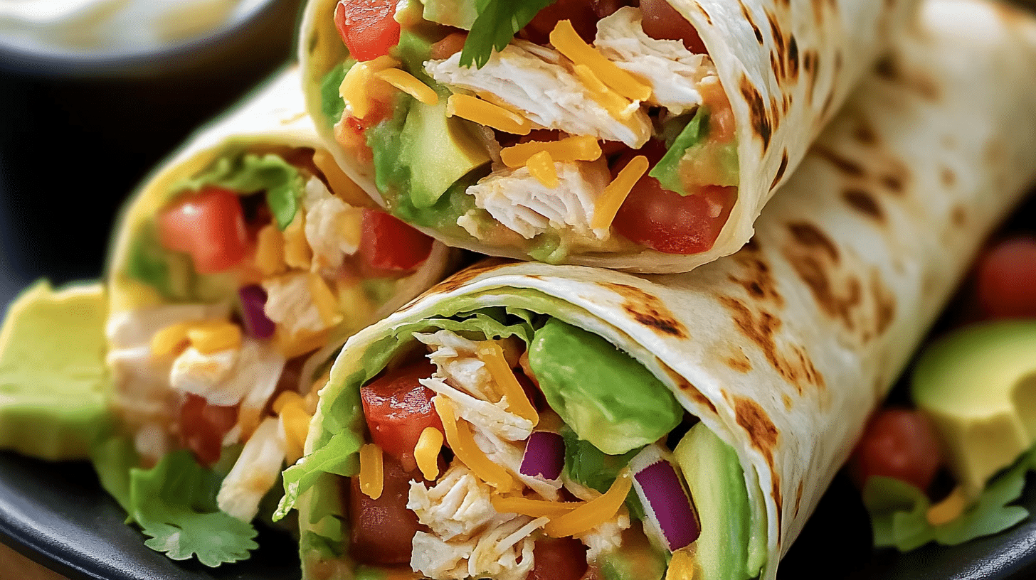 Delicious Fresh Chicken Ranch Wraps cut in half to show the filling.