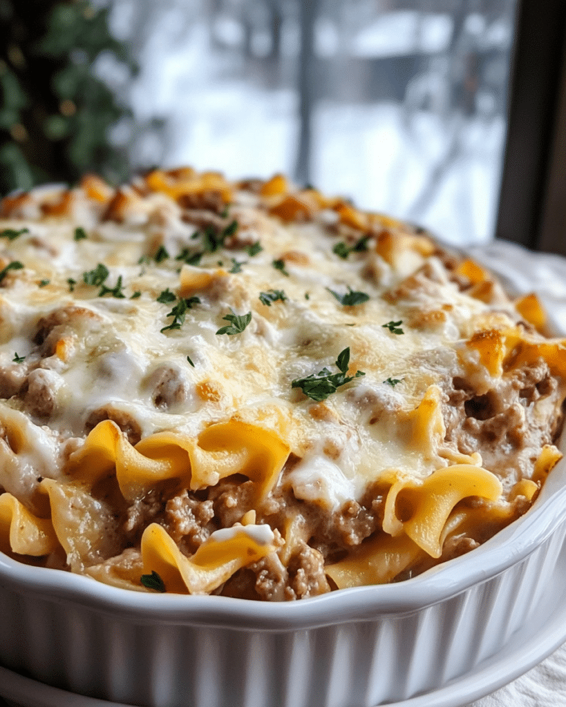 Ingredients for Sour Cream Beef Noodle Casserole, including ground beef, egg noodles, sour cream, cottage cheese, and tomato sauce.