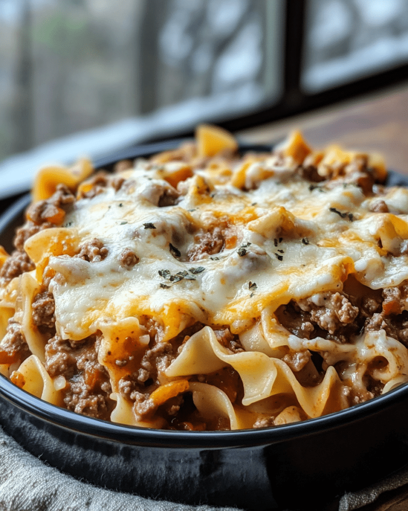 A serving of Sour Cream Beef Noodle Casserole on a plate.