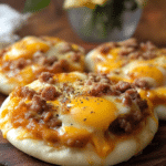 A close-up of an English Muffin Breakfast Pizza, showing the layers of toppings.